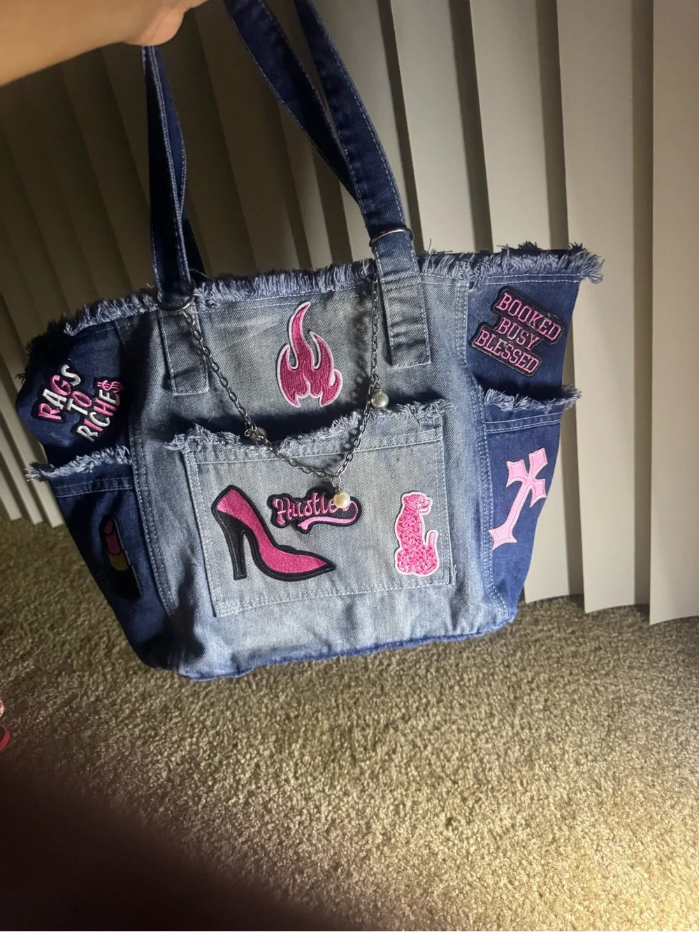 Denim Patch Tote Bag - Pink Accents